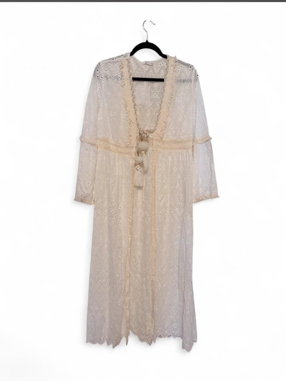 Sheer Eyelet Lace Kimono Robe in Cream with Tassel Tie